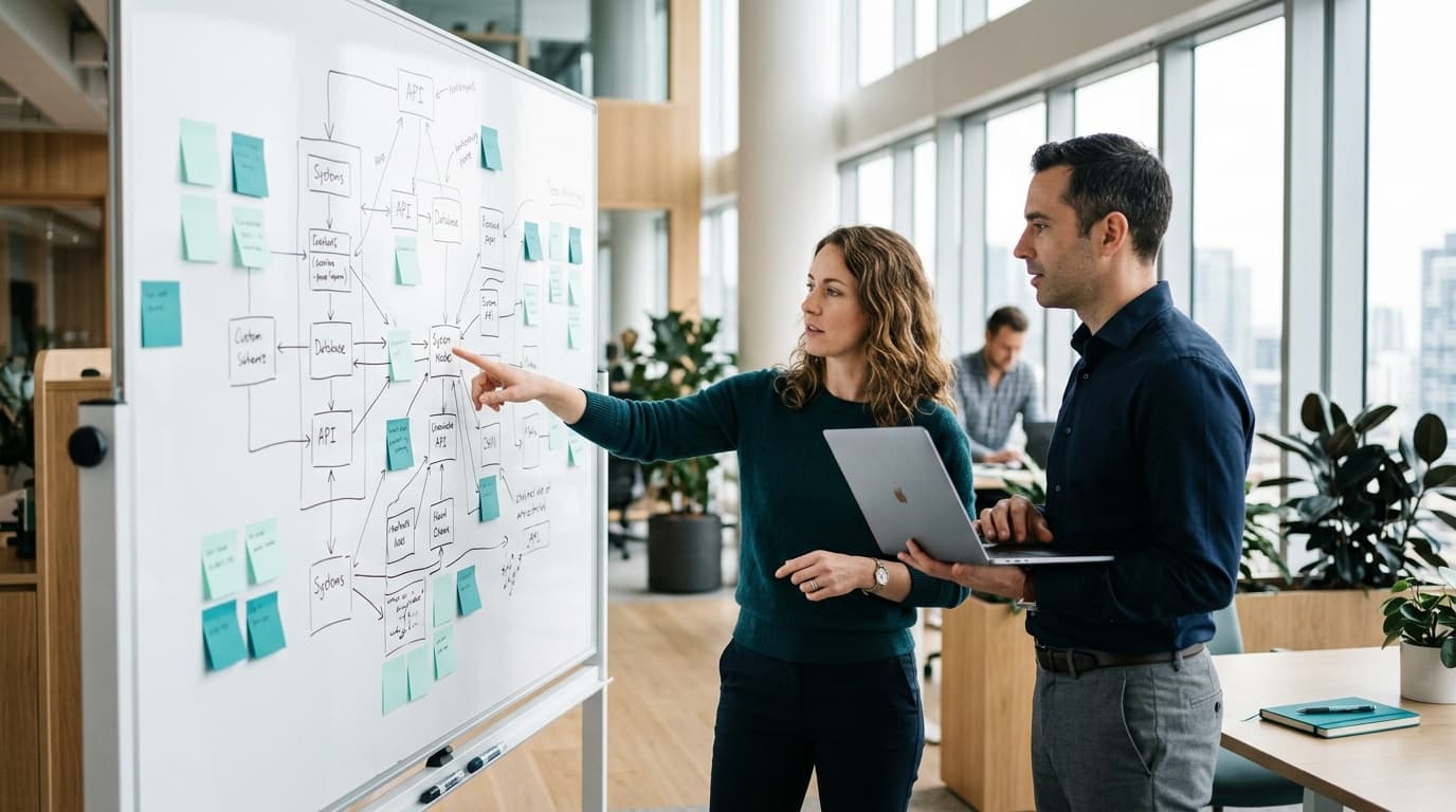 Zwei Berater an einem Whiteboard mit handgezeichneter System-Architektur und Sticky Notes — Aufbau eines agentischen ERP für den Mittelstand.