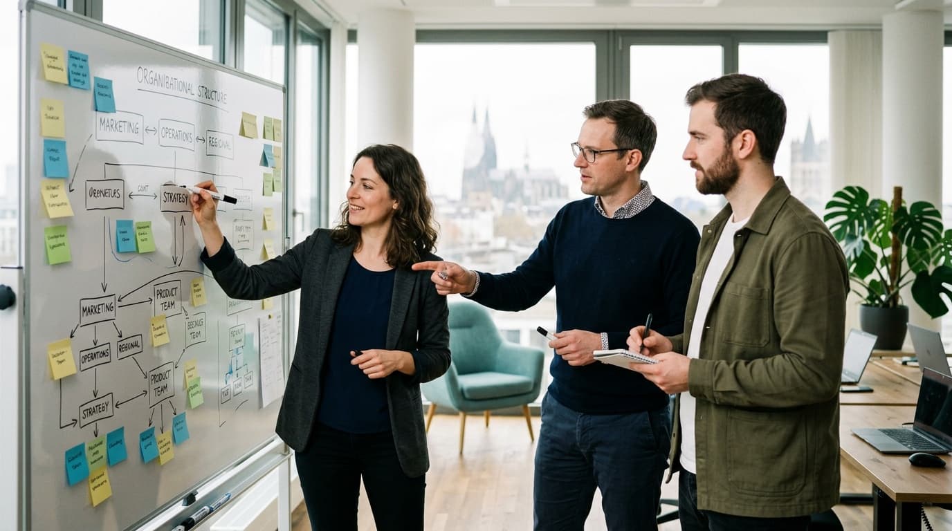 Kleines fokussiertes Team an einem Whiteboard mit Prozess-Skizzen und Sticky Notes — Neuaufbau einer Organisationsstruktur für AI-First im Mittelstand.