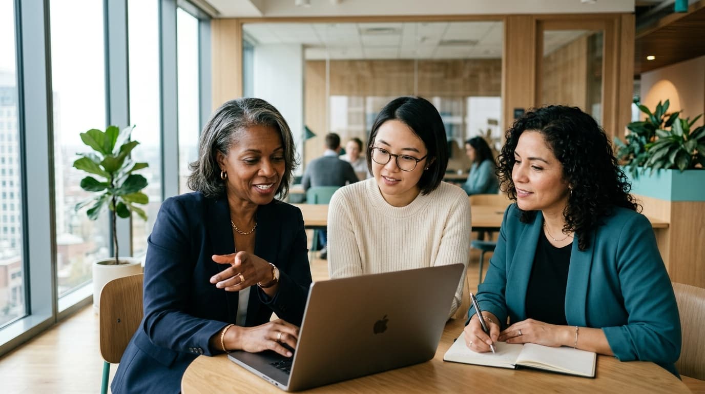 Drei Frauen unterschiedlicher Generationen arbeiten gemeinsam am Laptop in einem modernen Büro — Symbolbild für KI-Nutzung im diversen Mittelstands-Team