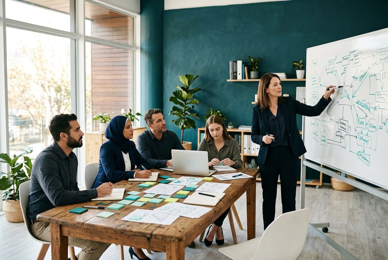 KI-Beratungsworkshop vor Ort im Unternehmen — Whiteboard mit Prozess-Skizzen, Team am Tisch