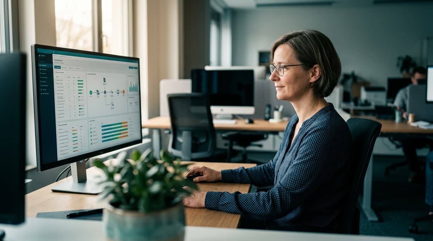 Mitarbeiterin im mittelständischen Büro neben Monitor mit Automatisierungs-Dashboard — KI ergänzt ein kleiner werdendes Team.