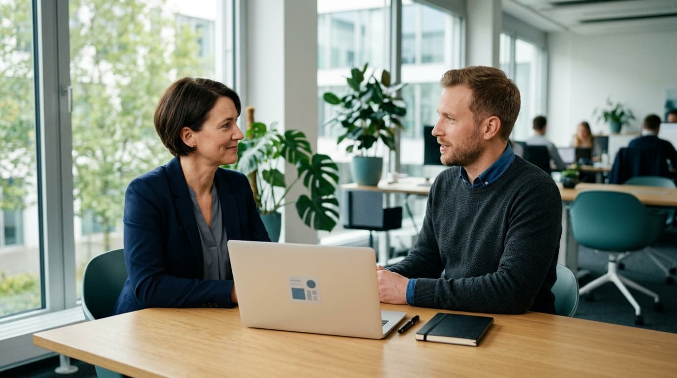 HR-Managerin und Kandidat im Bewerbungsgespräch an einem hellen Holztisch — daneben ein Laptop mit Recruiting-Dashboard.