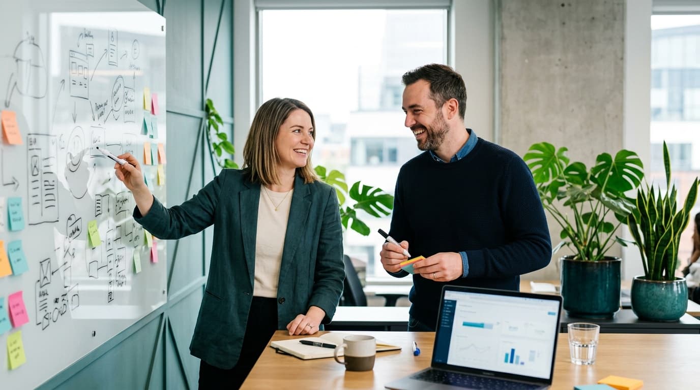 Zwei Gründer sammeln Ideen an einem Whiteboard — Innovation als eigentlicher Wert von KI im Mittelstand