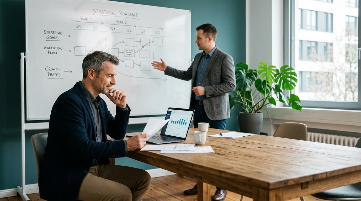 Geschäftsführer und Berater am Meeting-Tisch mit Laptop und Roadmap-Whiteboard — Entscheidung über KI-Investitionen im Mittelstand