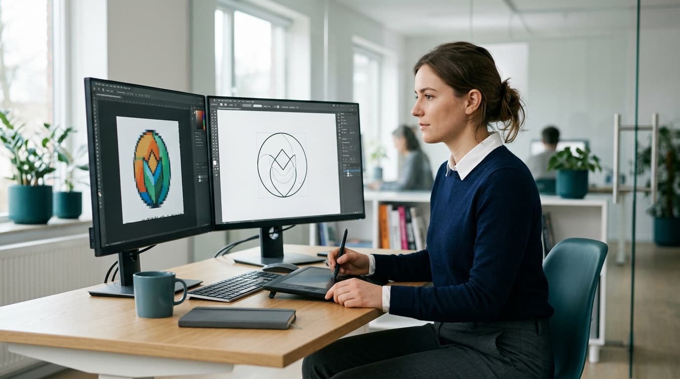 Designerin am Schreibtisch vergleicht auf zwei Bildschirmen einen KI-generierten Logo-Entwurf mit einer Vektor-Reinzeichnung — KI-Logo-Workflow zwischen Pixel und Vektor.