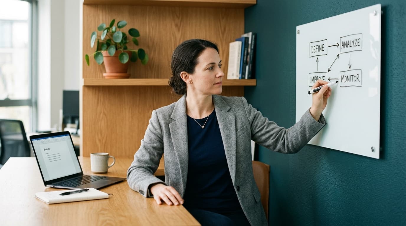 Fokussierte Beraterin am Laptop mit einer einfachen Workflow-Skizze am Whiteboard — Sinnbild für ein klein gestartetes KI-Projekt im Mittelstand.