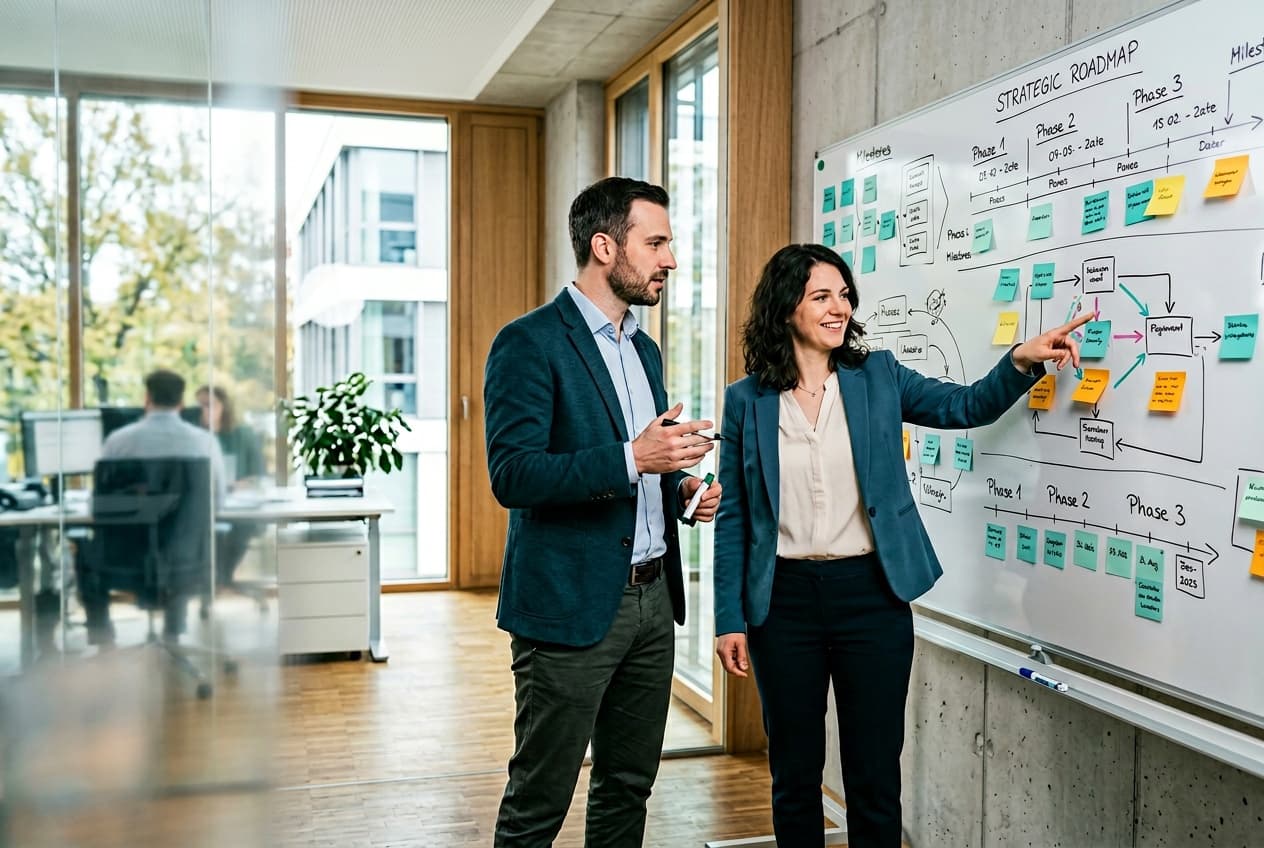 Manuel und Marco im Workshop — Strategie-Whiteboard zum KI-Ready-Programm