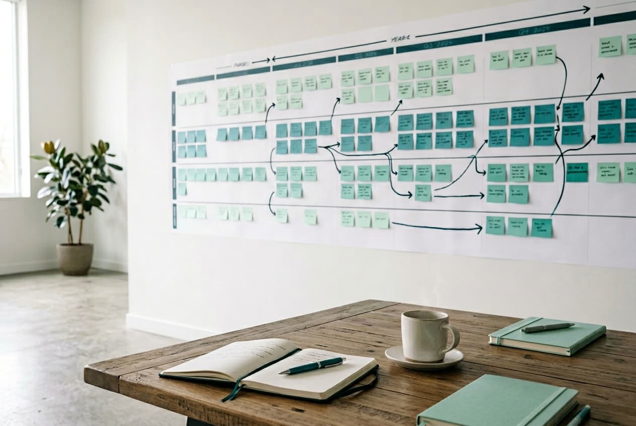 Strategie-Workshop mit Roadmap an einer Wand — KI-Strategie für den Mittelstand