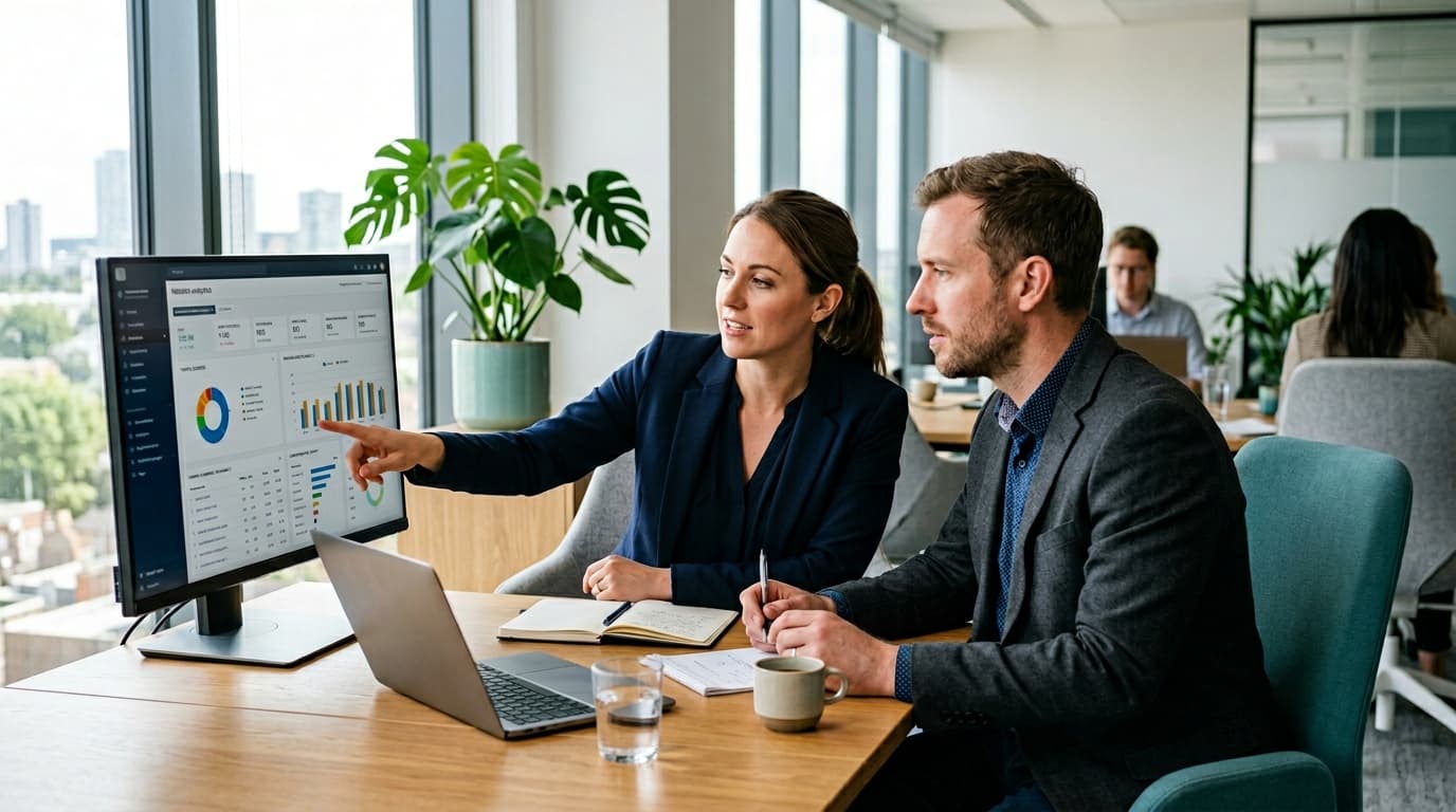 Zwei Berater im hellen Büro analysieren gemeinsam Webseiten-Analytics und SEO-Dashboards auf einem großen Bildschirm — SEO- und GEO-Beratung für KI-generierte Webseiten.
