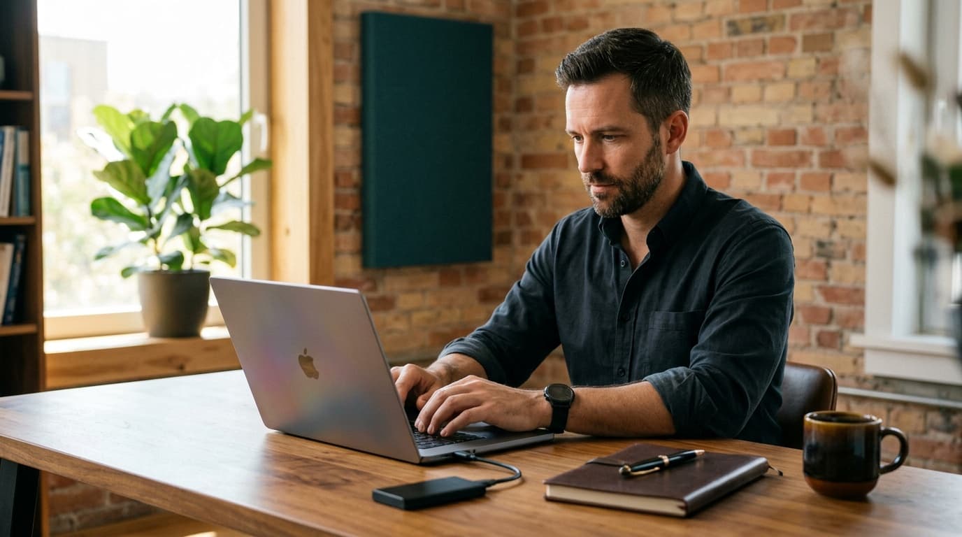 Mittelständischer Geschäftsführer arbeitet konzentriert mit MacBook am Schreibtisch — lokales KI-Modell verarbeitet sensible Daten auf dem Gerät selbst
