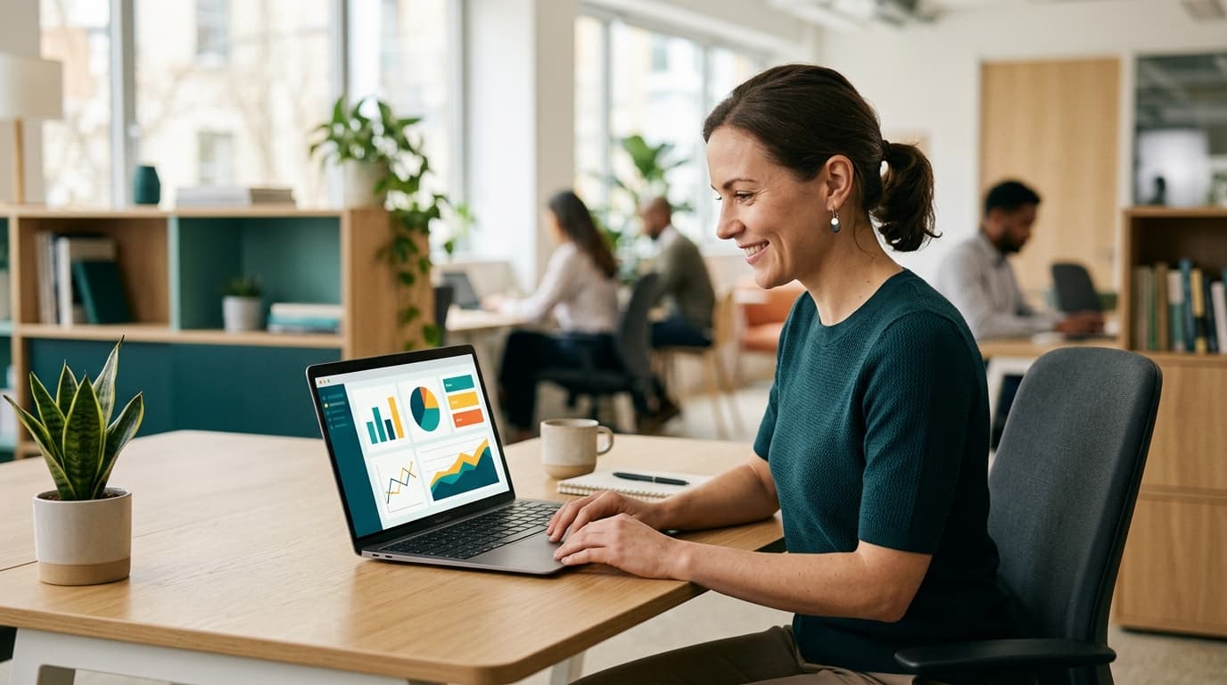 Eine Mitarbeiterin im hellen Büro baut konzentriert ein Daten-Dashboard auf ihrem Laptop — Citizen Development mit KI ohne Programmierkenntnisse im Mittelstand.