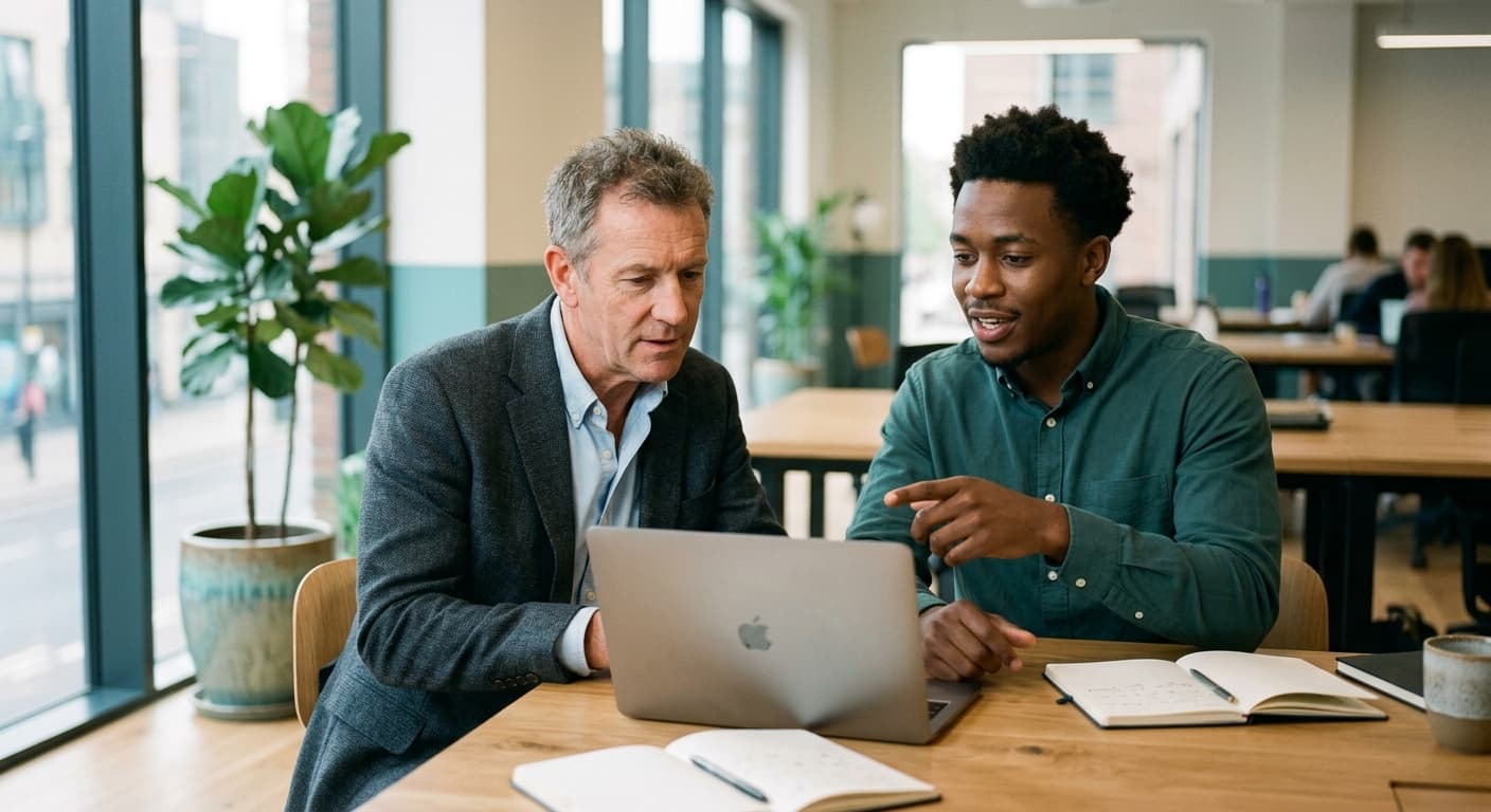 Junger Mitarbeiter erklärt einer erfahrenen Führungskraft am Laptop einen KI-Workflow — Reverse Mentoring im Mittelstand