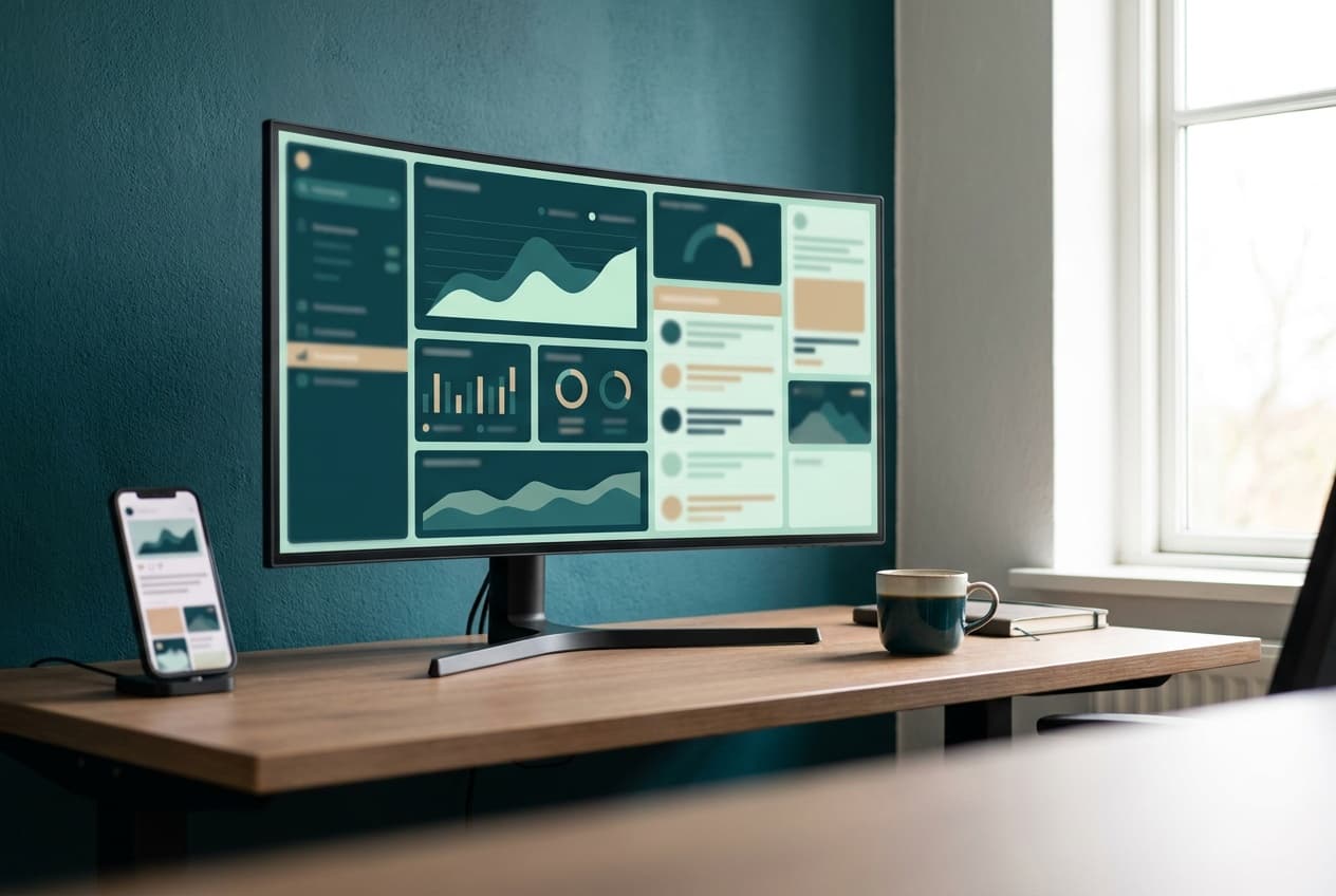 Social-Media-Dashboard mit KI-generierten Posts auf mehreren Kanälen